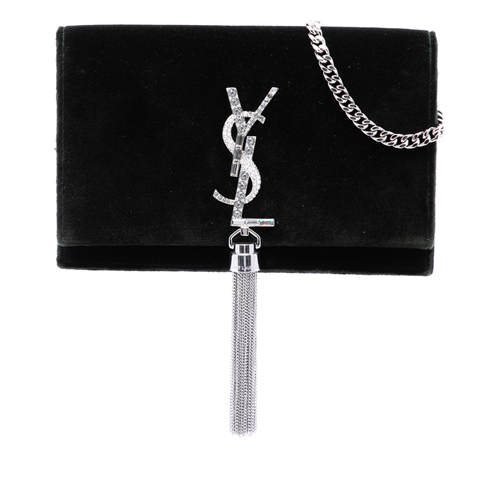 Pre-Loved Saint Laurent Velvet Crystal Monogram Kate Tassel Wallet On Chain